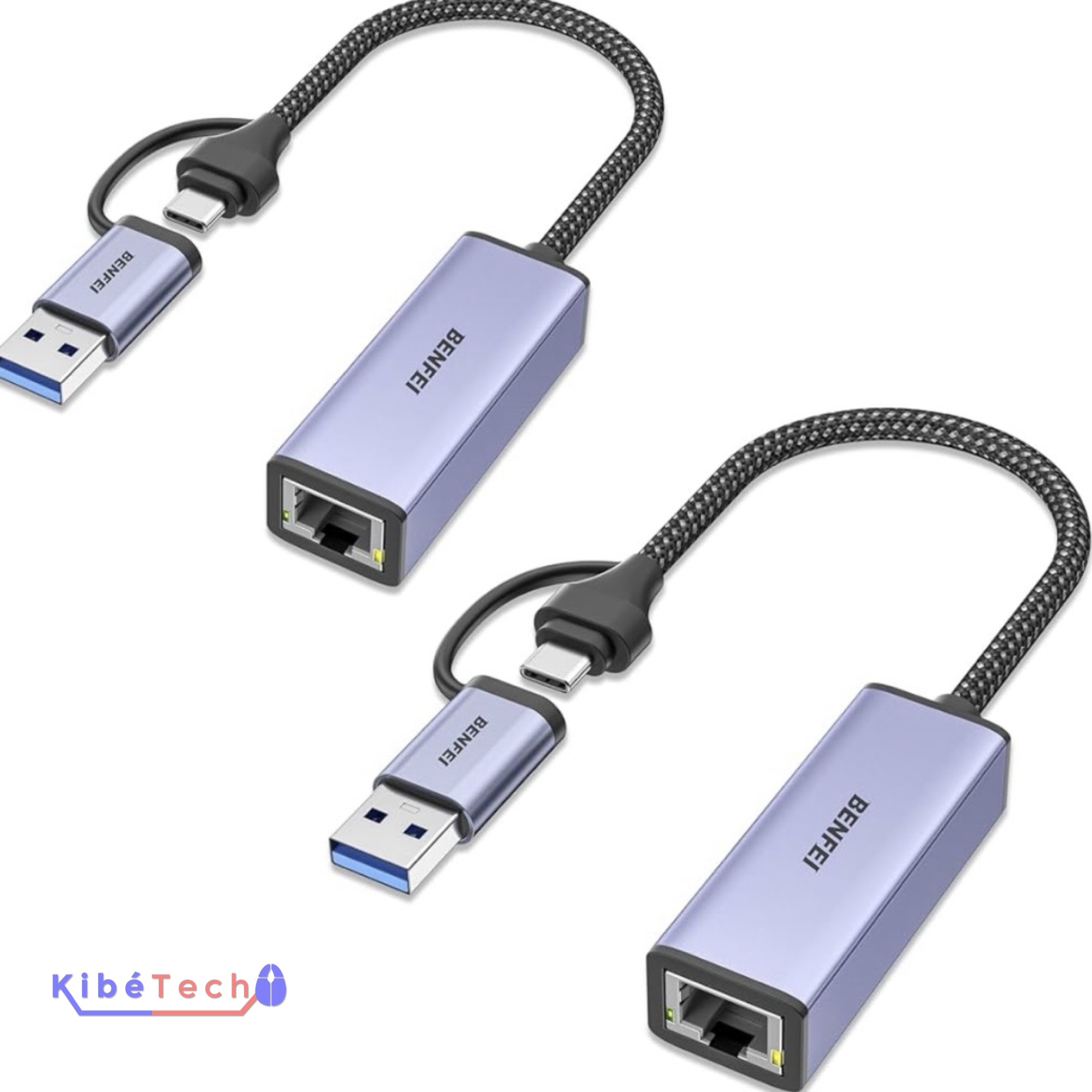L'adaptateur USB-C et USB 3.0 vers RJ45 Gigabit Ethernet est conçu pour fournir une connexion réseau filaire fiable aux ordinateurs portables, ordinateurs de bureau et tablettes. Grâce à son connecteur double interface USB-C et USB-A, il offre une compatibilité maximale avec les appareils modernes et plus anciens. Caractéristiques principales Connecteur 2-en-1 USB-C et USB-A Port réseau RJ45 Gigabit Ethernet Débit réseau jusqu'à 1000 Mbps Installation Plug & Play Design compact et portable Compatible avec les réseaux 10/100/1000 Mbps Compatibilités Ordinateurs portables USB-C PC équipés d'un port USB 3.0 MacBook Ultrabooks Stations d'accueil Windows macOS Linux Avantages Connexion Internet plus stable que le WiFi Compatible USB-C et USB-A dans un seul adaptateur Installation rapide sans configuration complexe Faible encombrement pour les déplacements Idéal pour le télétravail et les entreprises Applications Accès Internet haut débit Réseaux d'entreprise Télétravail Jeux en ligne Streaming vidéo Maintenance informatique Contenu de l'emballage Adaptateur USB-C + USB vers RJ45 Guide d'utilisation Conseil KibeTech Cet adaptateur est particulièrement utile pour les ordinateurs portables récents dépourvus de port Ethernet. Pour obtenir les meilleures performances, utilisez un câble réseau CAT5e ou CAT6 et connectez-le à un routeur ou switch Gigabit.