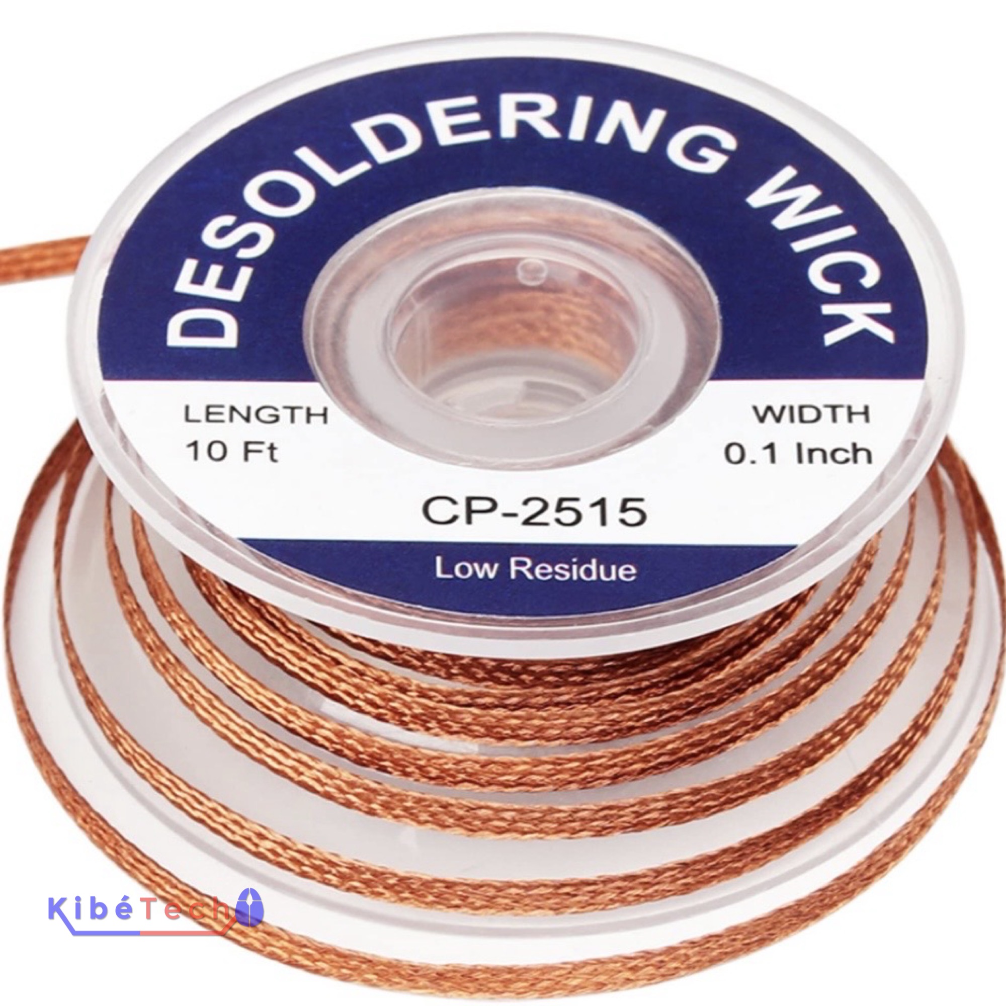Tresse à dessouder en cuivre avec flux intégré pour réparation de cartes électroniques, téléphones et ordinateurs disponible chez KibeTech RDC.