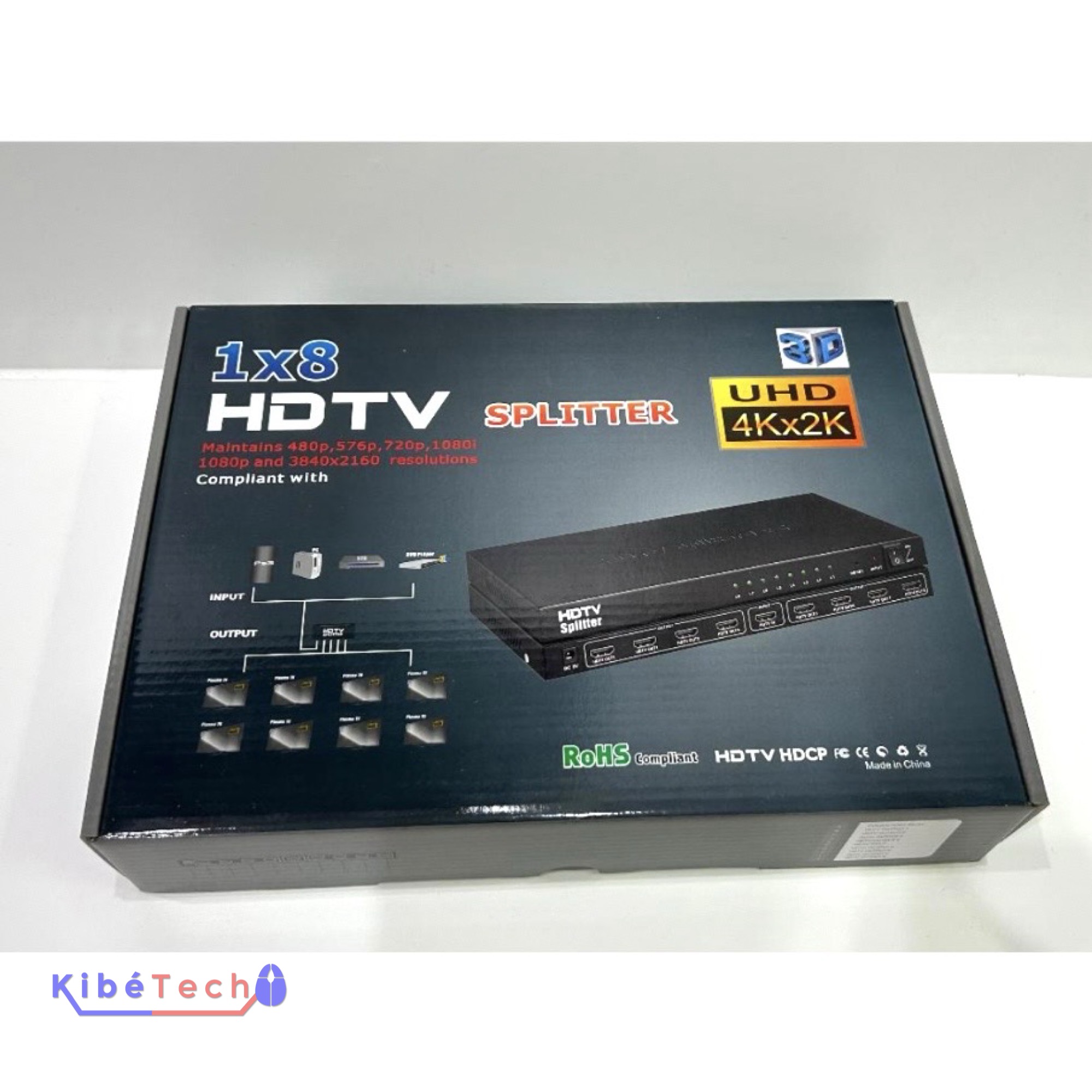 Splitter HDMI 1x8 avec 1 entrée et 8 sorties HDMI pour diffusion simultanée sur huit écrans Full HD et 4K disponible chez KibeTech RDC.