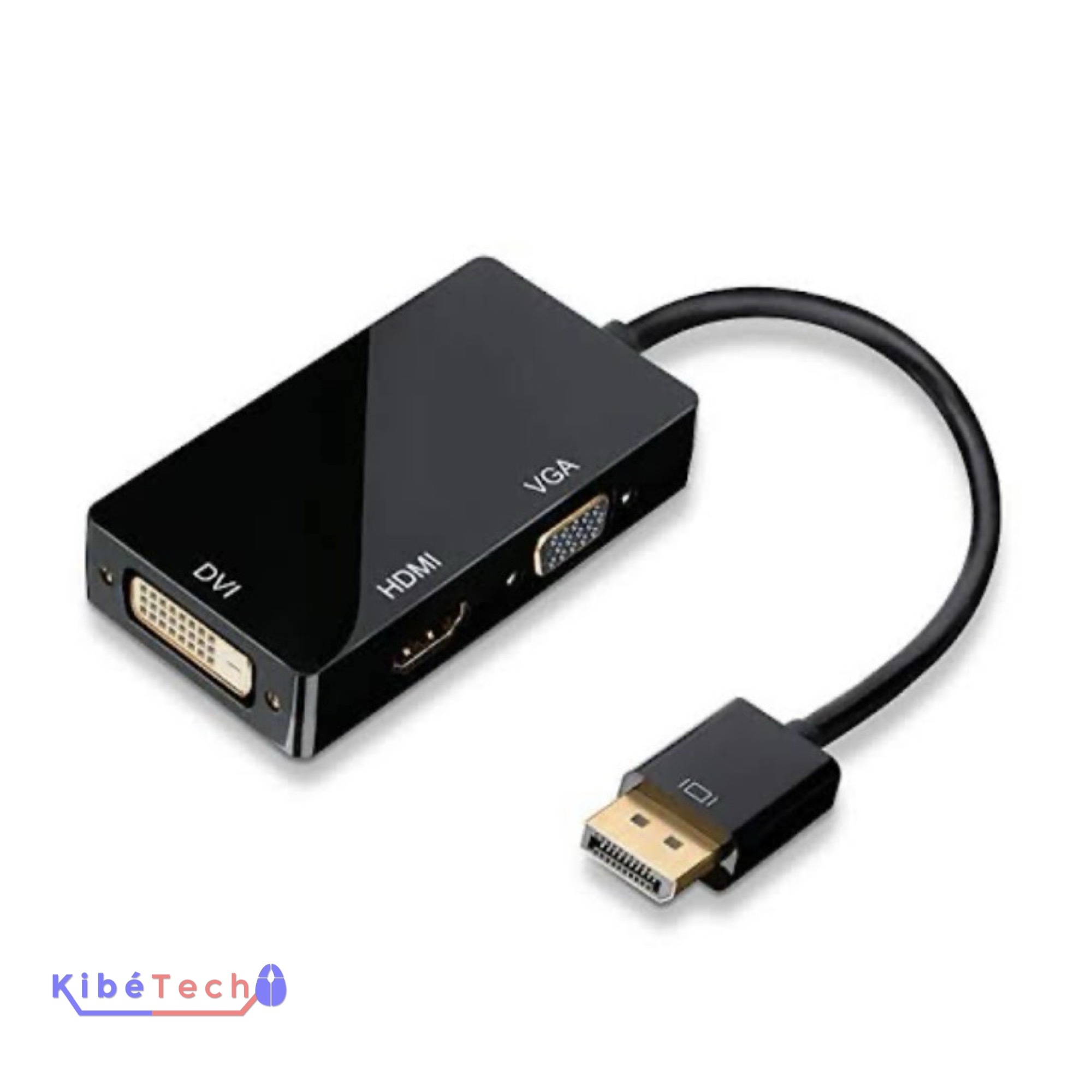 Adaptateur DisplayPort mâle vers HDMI, DVI et VGA 3-en-1 pour connecter un ordinateur à un moniteur, un téléviseur ou un vidéoprojecteur, disponible chez KibeTech RDC.