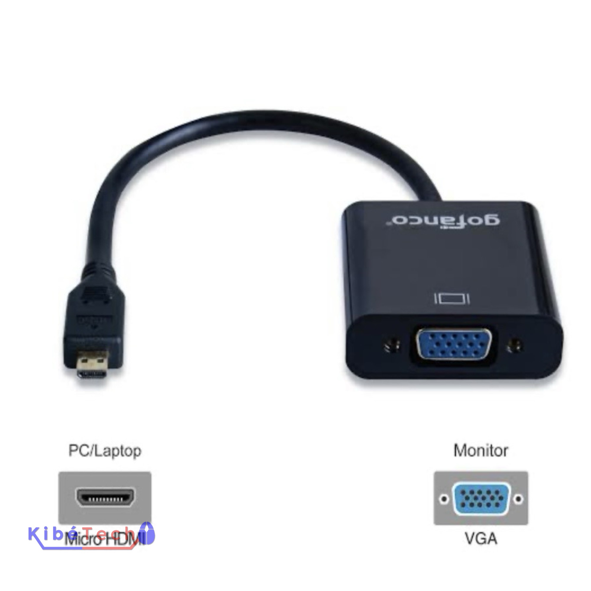 Adaptateur Micro HDMI Type D mâle vers VGA femelle de 20 cm avec convertisseur actif pour connecter un smartphone, une tablette ou un appareil photo à un moniteur ou un vidéoprojecteur VGA, disponible chez KibeTech RDC.