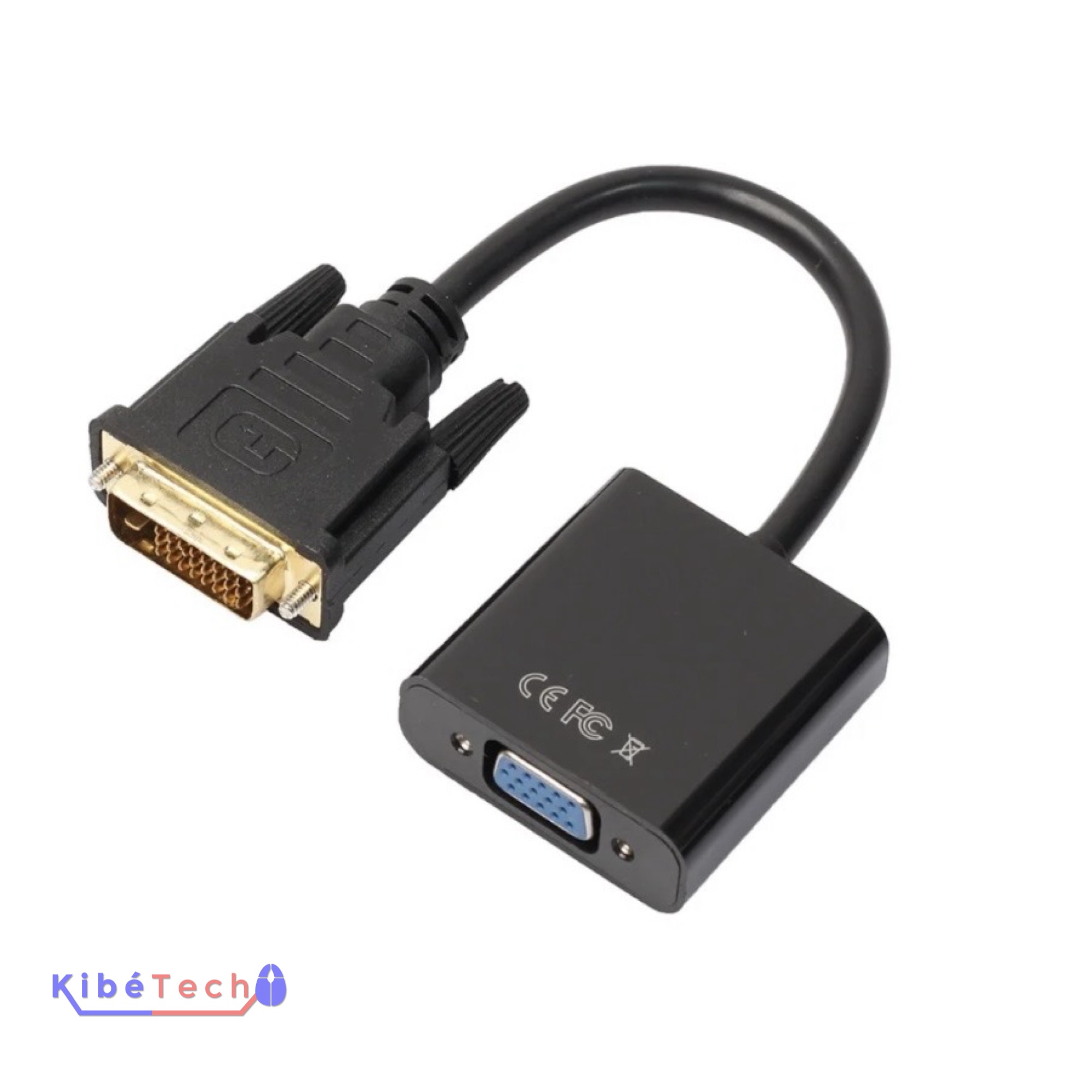 Adaptateur DVI-I 24+5 mâle vers VGA femelle de 20 cm pour connecter un ordinateur à un moniteur ou un vidéoprojecteur VGA, disponible chez KibeTech RDC.