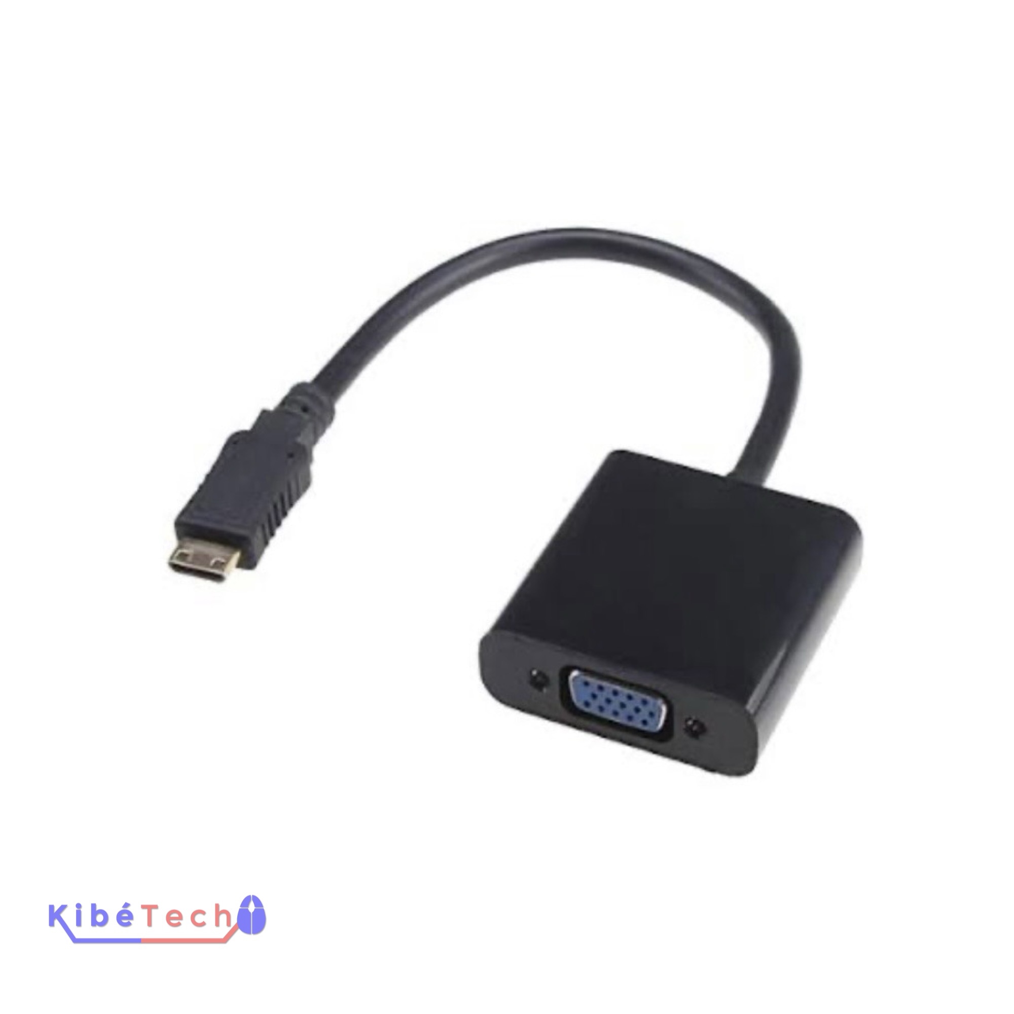 Adaptateur Mini HDMI Type C mâle vers VGA femelle de 20 cm avec convertisseur actif pour connecter un appareil à un moniteur ou un vidéoprojecteur VGA, disponible chez KibeTech RDC.