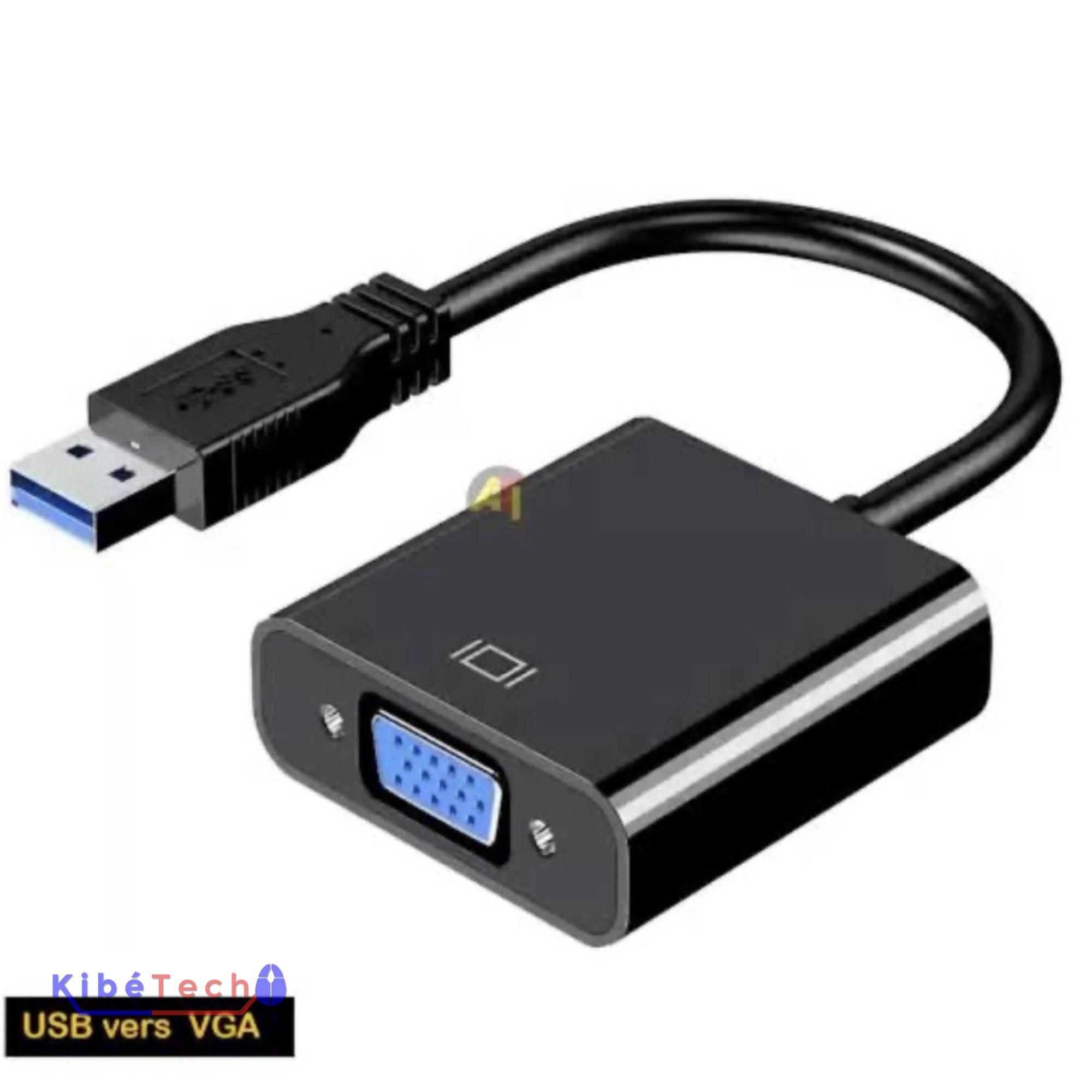Convertisseur USB 3.0 vers VGA permettant de connecter un ordinateur à un moniteur ou un vidéoprojecteur VGA en haute définition, disponible chez KibeTech RDC.