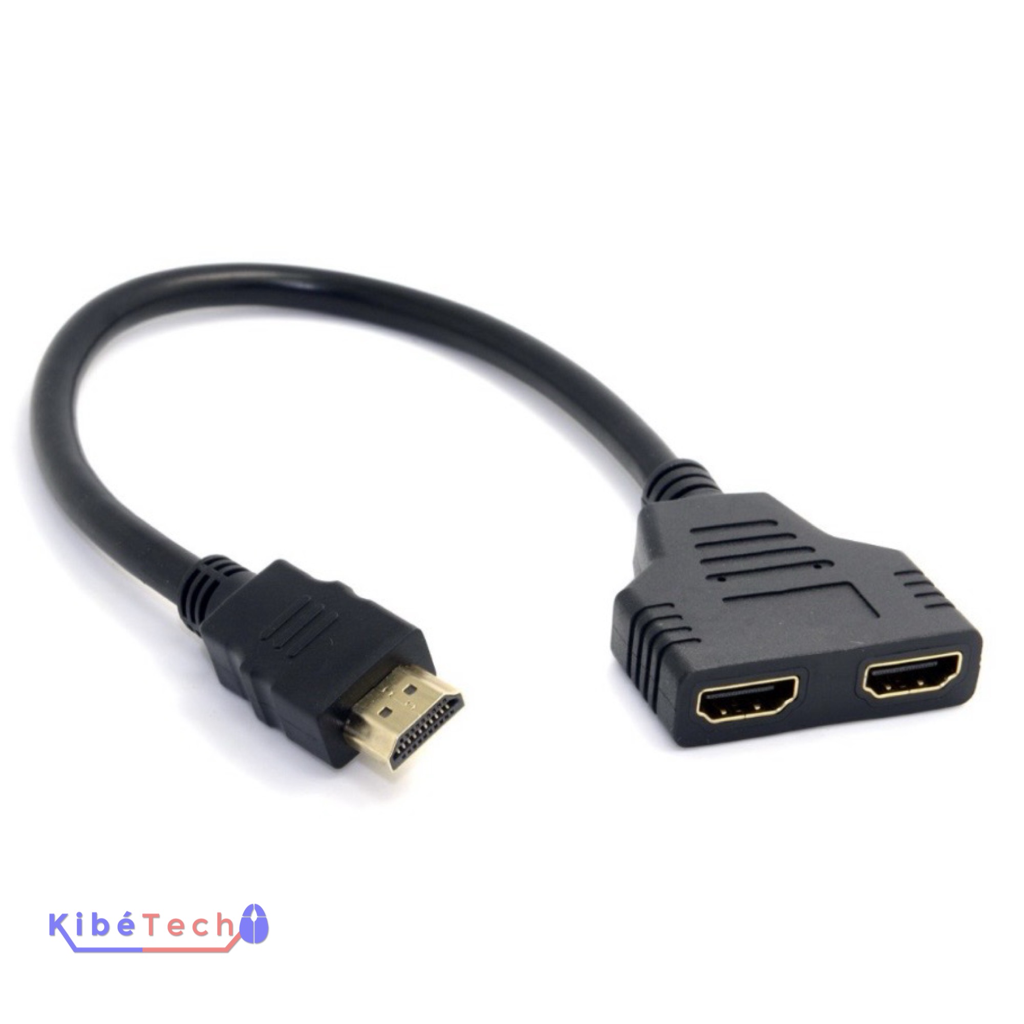 Adaptateur HDMI mâle vers 2 HDMI femelles en Y pour connecter des câbles HDMI à des équipements audiovisuels, disponible chez KibeTech RDC.