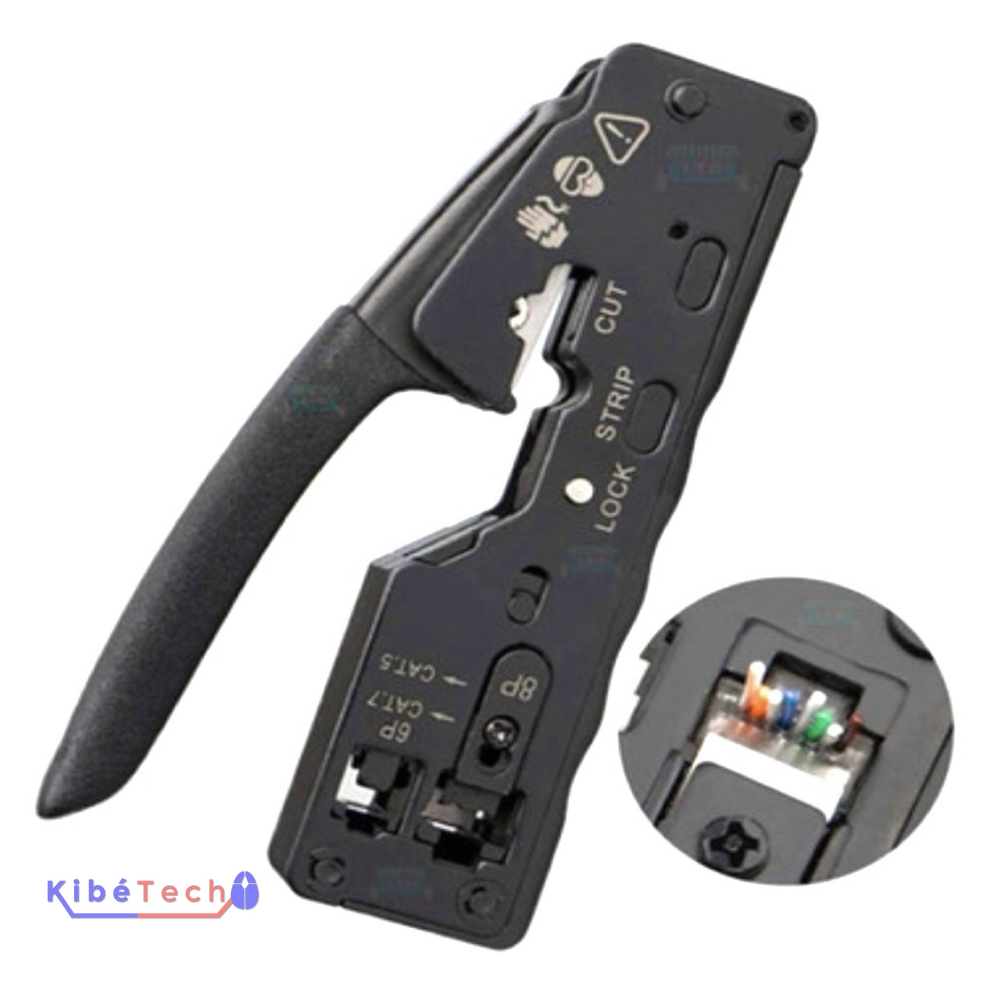 Pince à sertir RJ45 Pass Through professionnelle compatible avec les connecteurs Cat5, Cat5e, Cat6 et Cat6A, équipée d'un coupe-fil et d'un dénudeur intégrés pour l'installation de câbles réseau Ethernet, disponible chez KibeTech RDC.