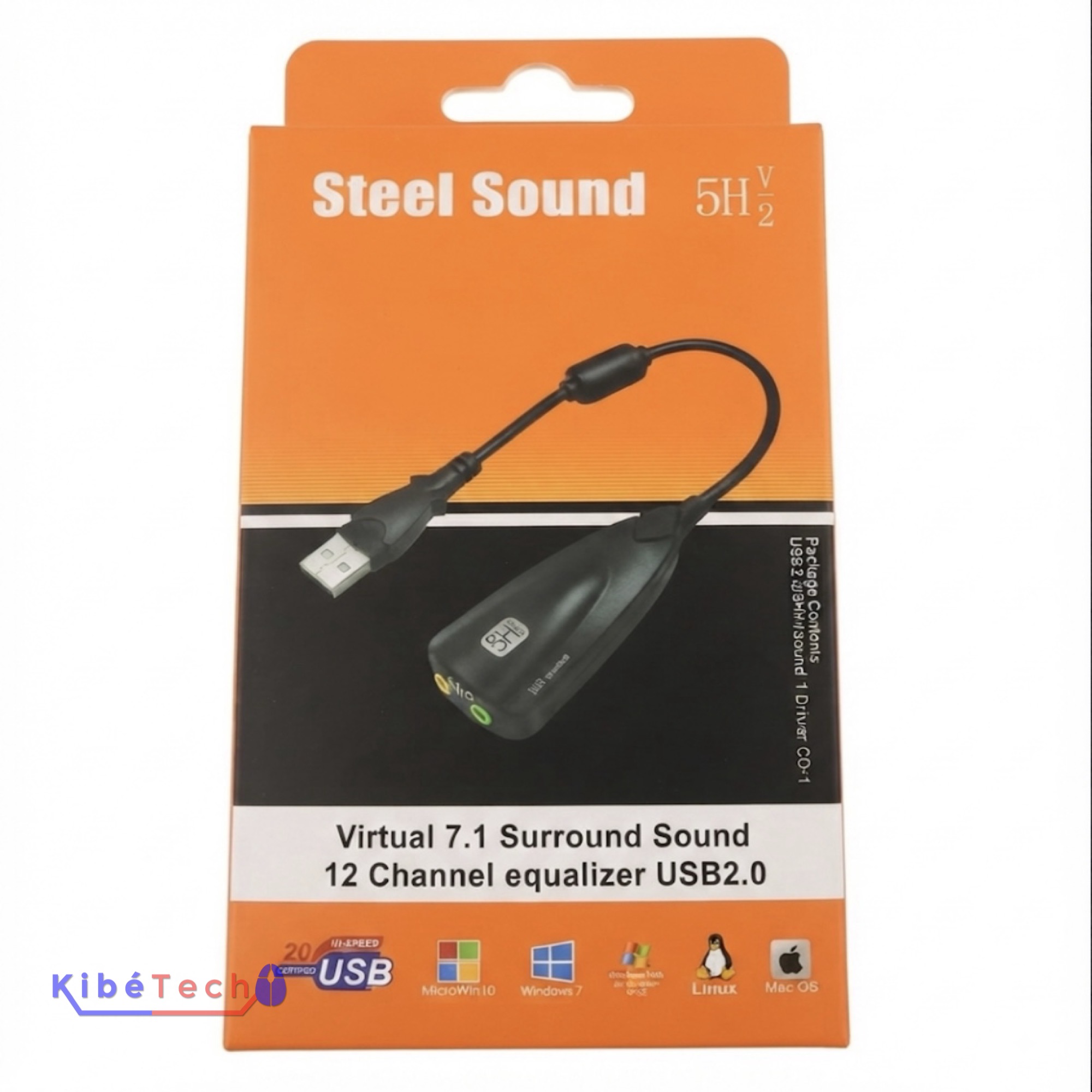 Carte son USB 2.0 Steel Sound avec son surround virtuel 7.1, égaliseur 12 canaux et connecteurs audio Jack 3.5 mm pour casque et microphone.