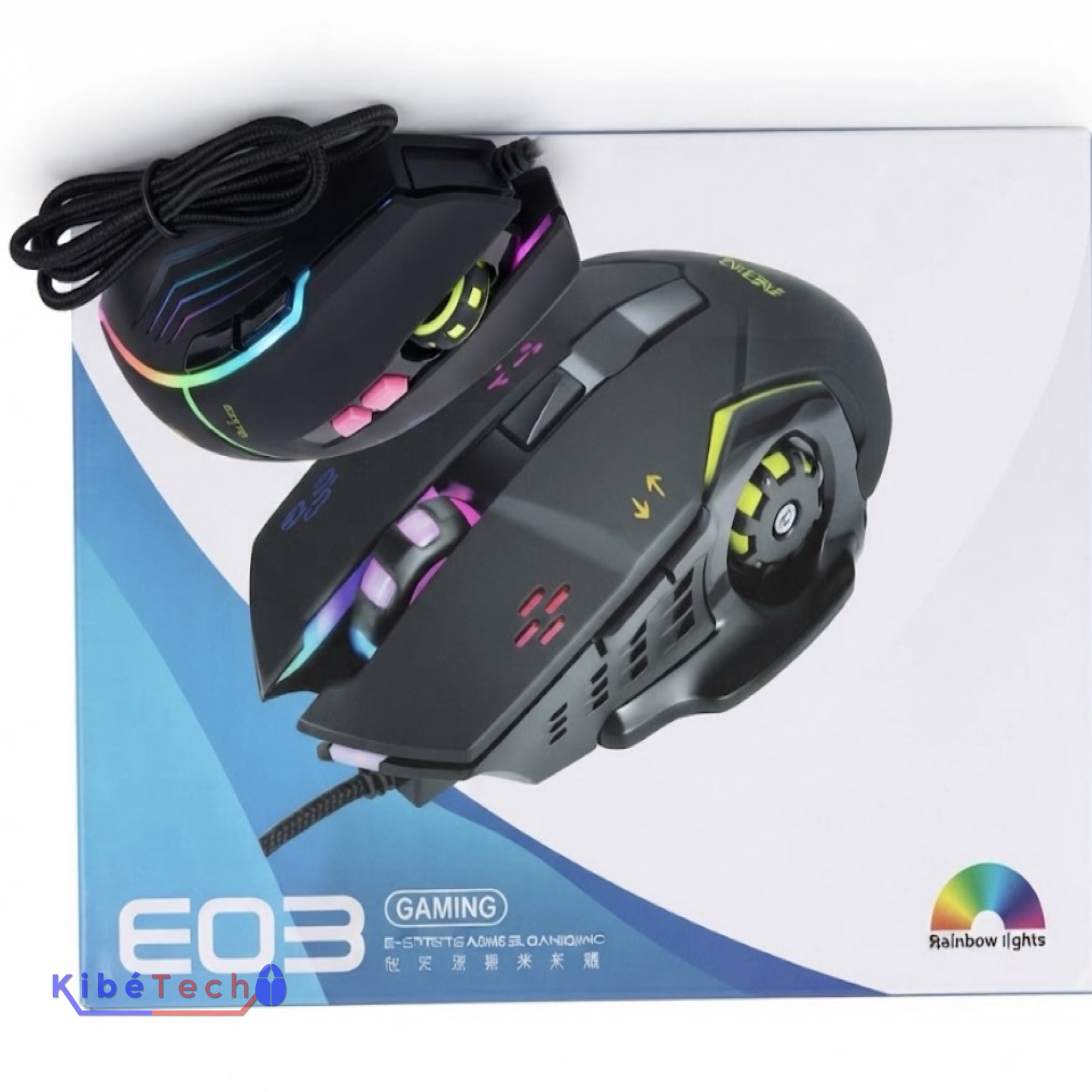 Souris gaming EO3 noire avec éclairage RGB multicolore USB